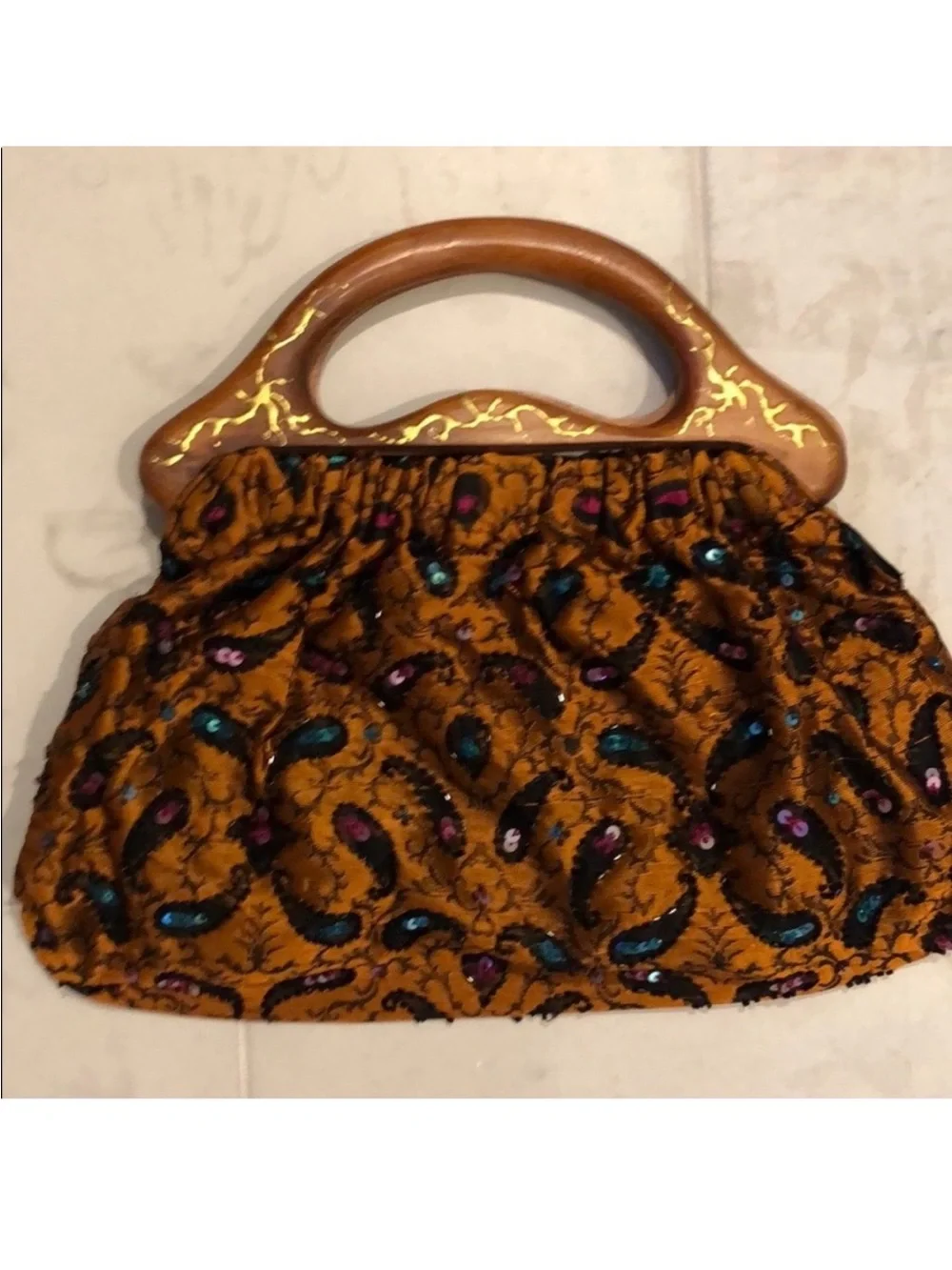Vintage-Inspired Brown Paisley Handbag with Wooden Handles